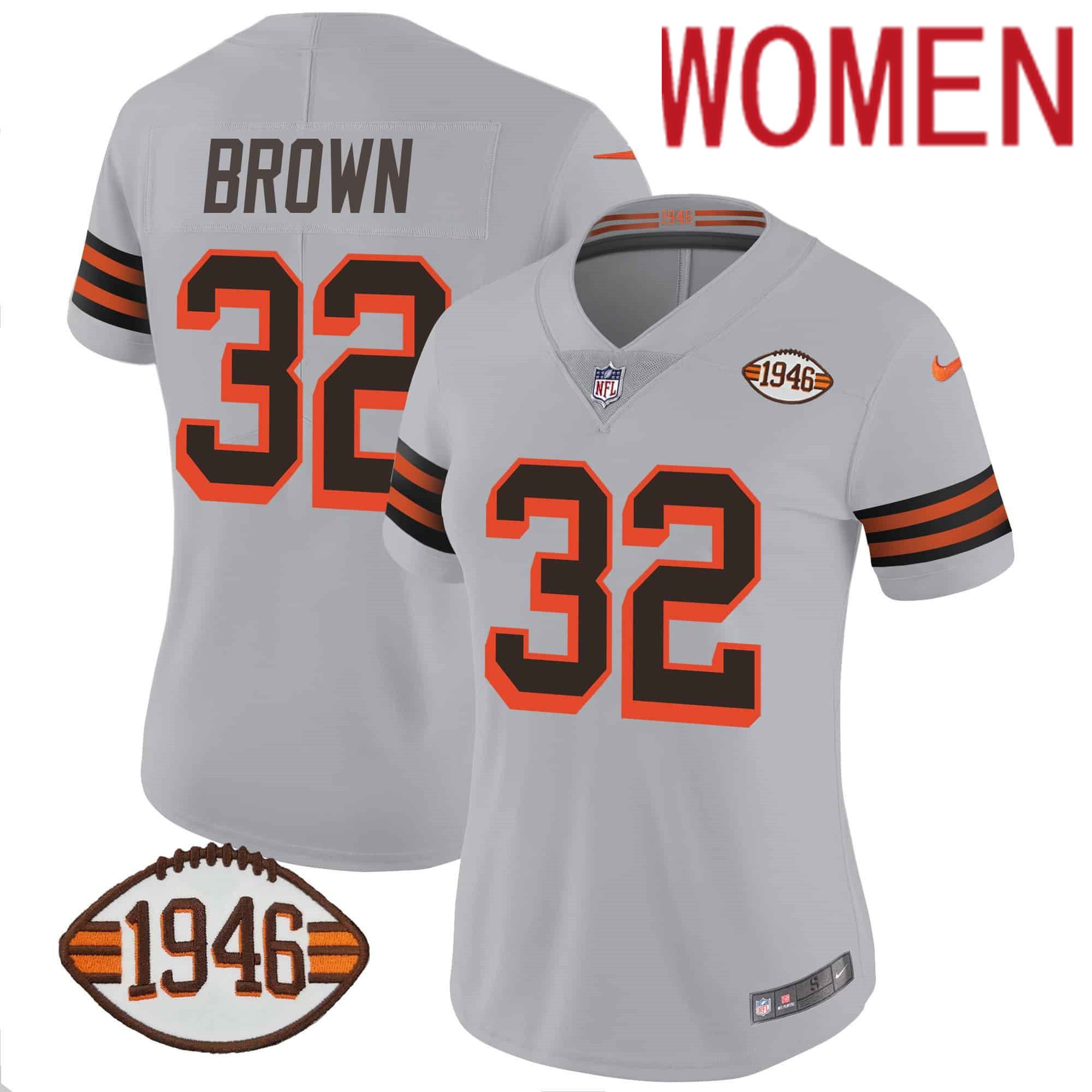 Women Cleveland Browns 32 Brown Grey 1946 75th Anniversary Patch 2024 Nike NFL Jersey